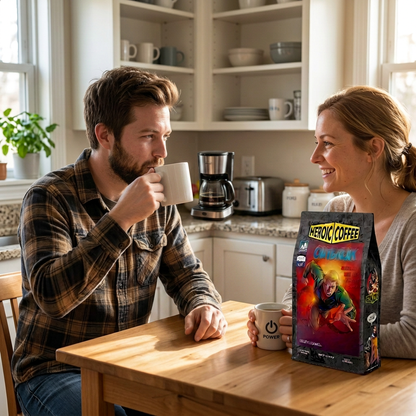 A man and a woman sit at a wooden table in a bright kitchen, drinking from white mugs, with a bag of 'HEROIC COFFEE' on the table in front of them. Outbreak medium roast coffee bag – original art by Tanya, specialty Arabica
- best smooth aromatic quality coffee to order online