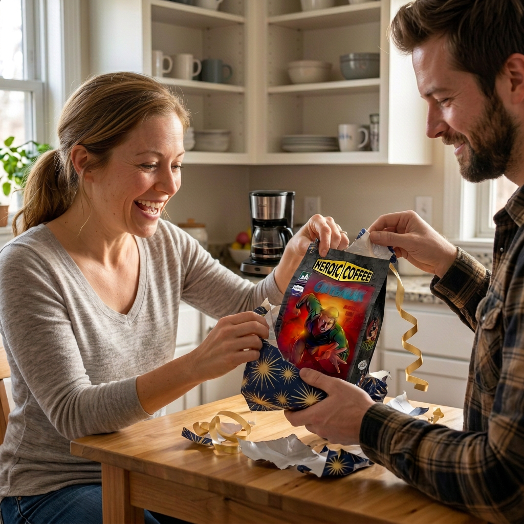 A man and a woman in a bright kitchen setting are unwrapping a gift. The man holds a packaged item labeled 'HEROIC COFFEE' with a colorful graphic, while the woman unwraps blue patterned wrapping paper with gold stars and a gold ribbon. Outbreak medium roast coffee bag – original art by Tanya, specialty Arabica
- best smooth aromatic quality coffee to order online